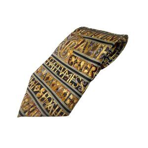Museum Artifacts Mens Tie Gold Multicolor Letter Print Silk Necktie
